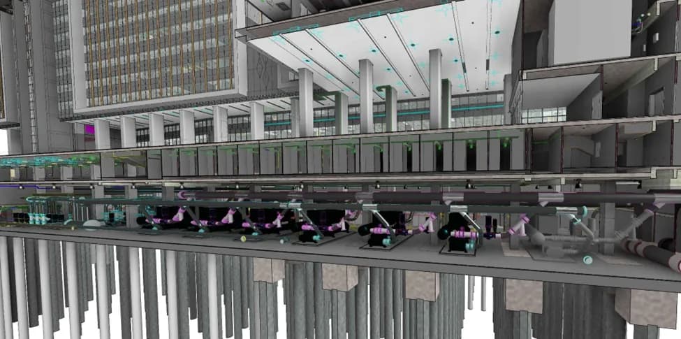 BIM view of coordinated MEP systems below slab level