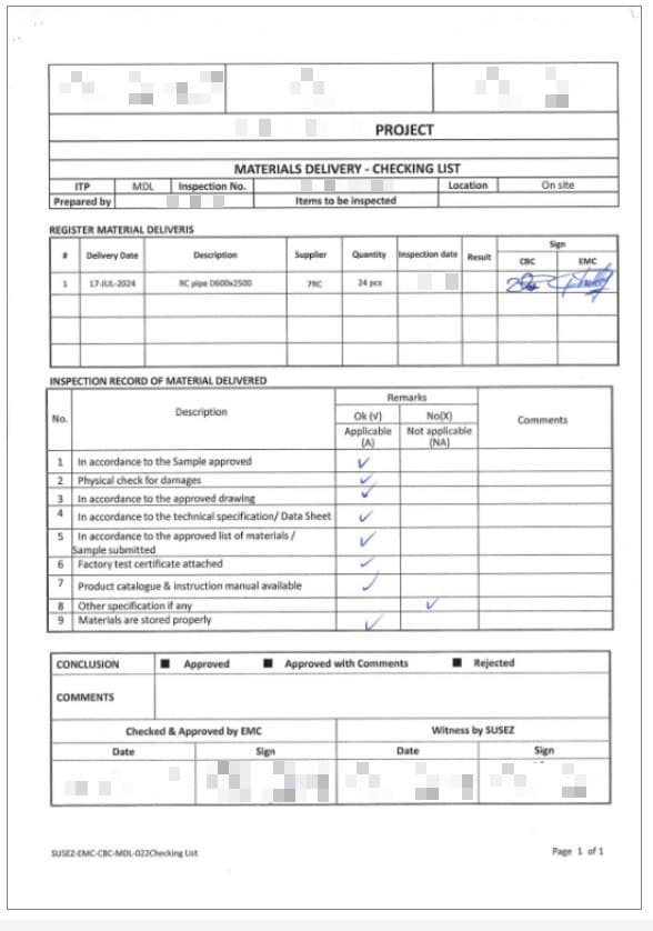 Gov Office material inspection checklist